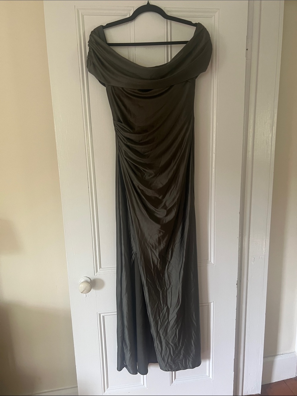 OQQ Olive Gown with Full Shapewear 57”L 15.5 ptp. Soft and stretchy. Flattering!